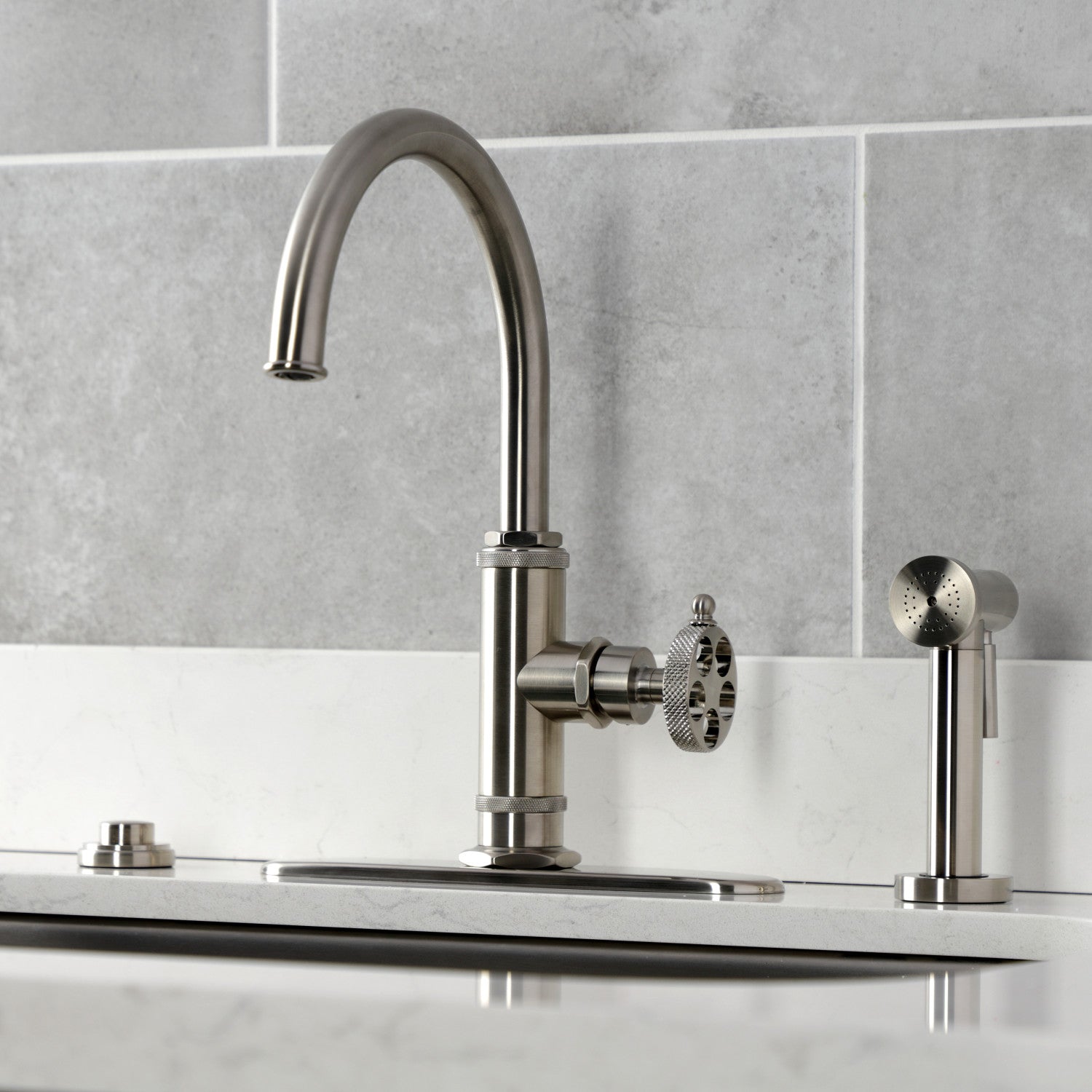 Kingston Sona KS2438RKX - Webb Single-Handle 1-Hole Deck Mount Kitchen Faucet with Knurled Handle and Brass Side Sprayer, Brushed Nickel — thumbnail 3